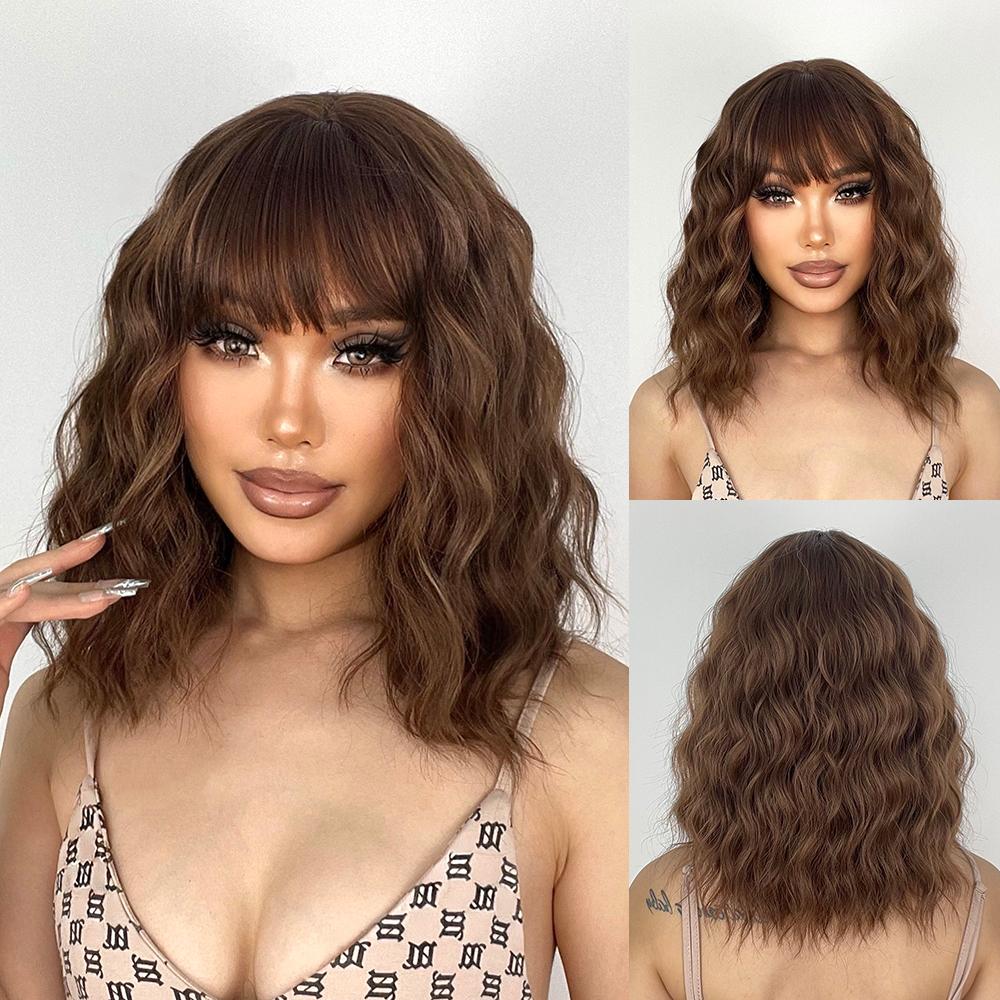 MISS WIG Short Bob Wavy Synthetic Wig For Women With Bangs Blonde Ombre Medium Wig Heat Resistant Fiber Hair Party Cosplay