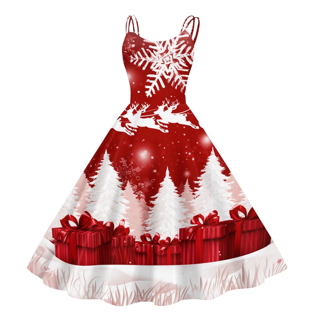 Women's Christmas Print Off-the-Shoulder Vintage Dress for Holiday Party and Clubwear