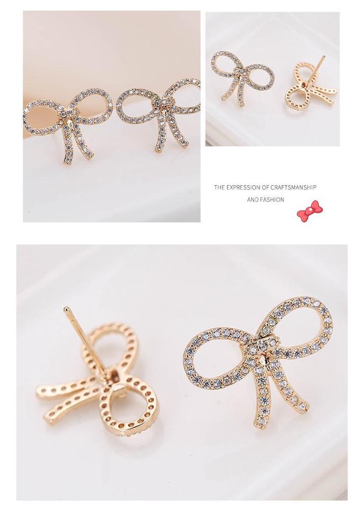 Elegant Bow Micro-inlaid Diamond Stud Earrings - Pure Copper, Creative Fashion Style