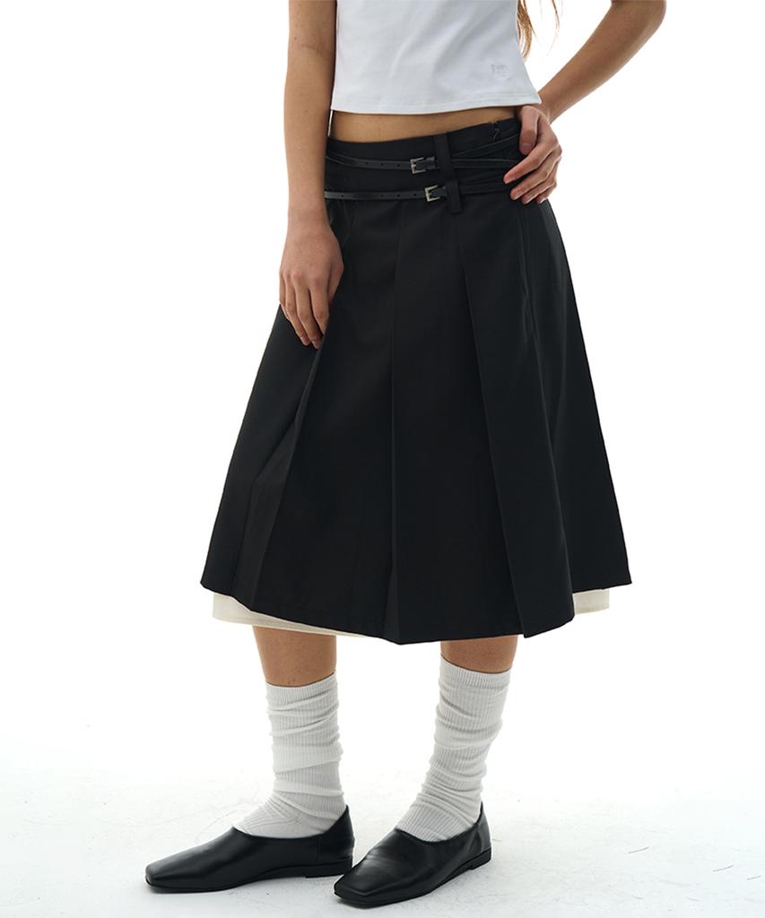 Place Studio Two-Belt Low-Rise Detachable Pleated Double Layered Midi Skirt_2 Colors