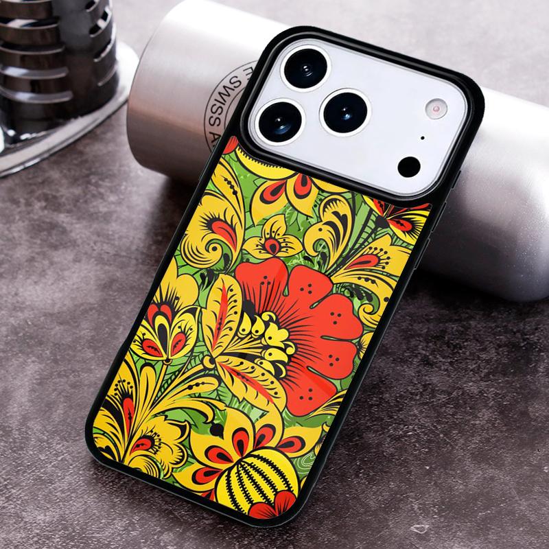 Khokhloma Russian Pattern Flower Phone Case for iPhone 17 16 15 Pro Max Air 14 13 12 11 Plus Shockproof Cover