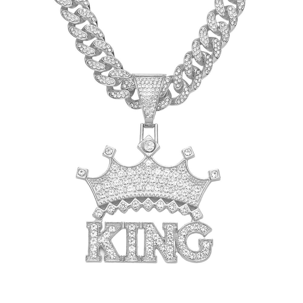 Biżuteria Łańcuch Kubański KING Litera Korona, Męski Streetowy Cool Diamentowy Wisiorek Europejski i Amerykański Naszyjnik Hip Hopowy