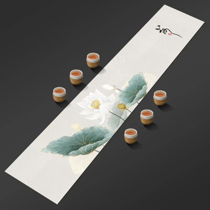 Chinese Lotus Pattern Table Runner Water-Repellent Coffee Table Cloth Decorative Cotton Linen Tea Mat Tea Ceremony Accessories