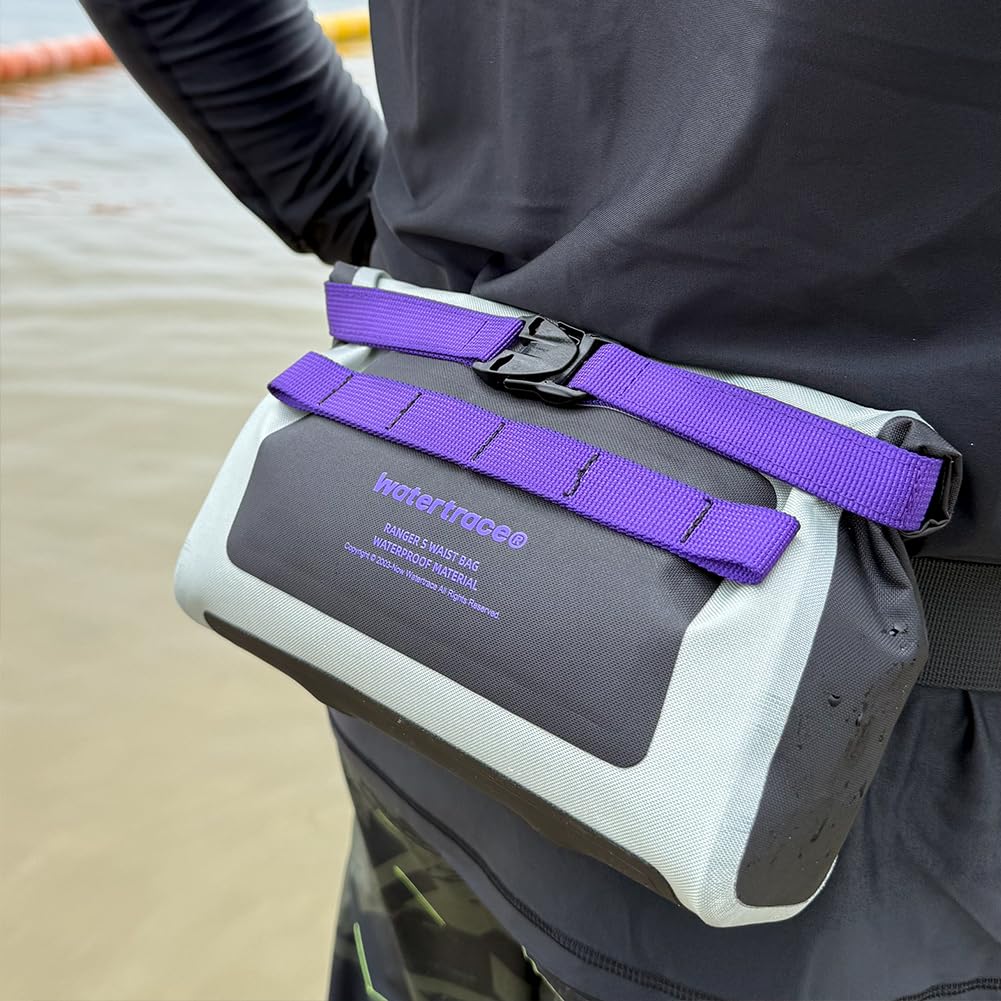 Watertrace Waterproof Waist and Light for Outdoor Use Bag, 1.5L Capacity, Roll-Top Closure, Black/Pink Gray/Purple,