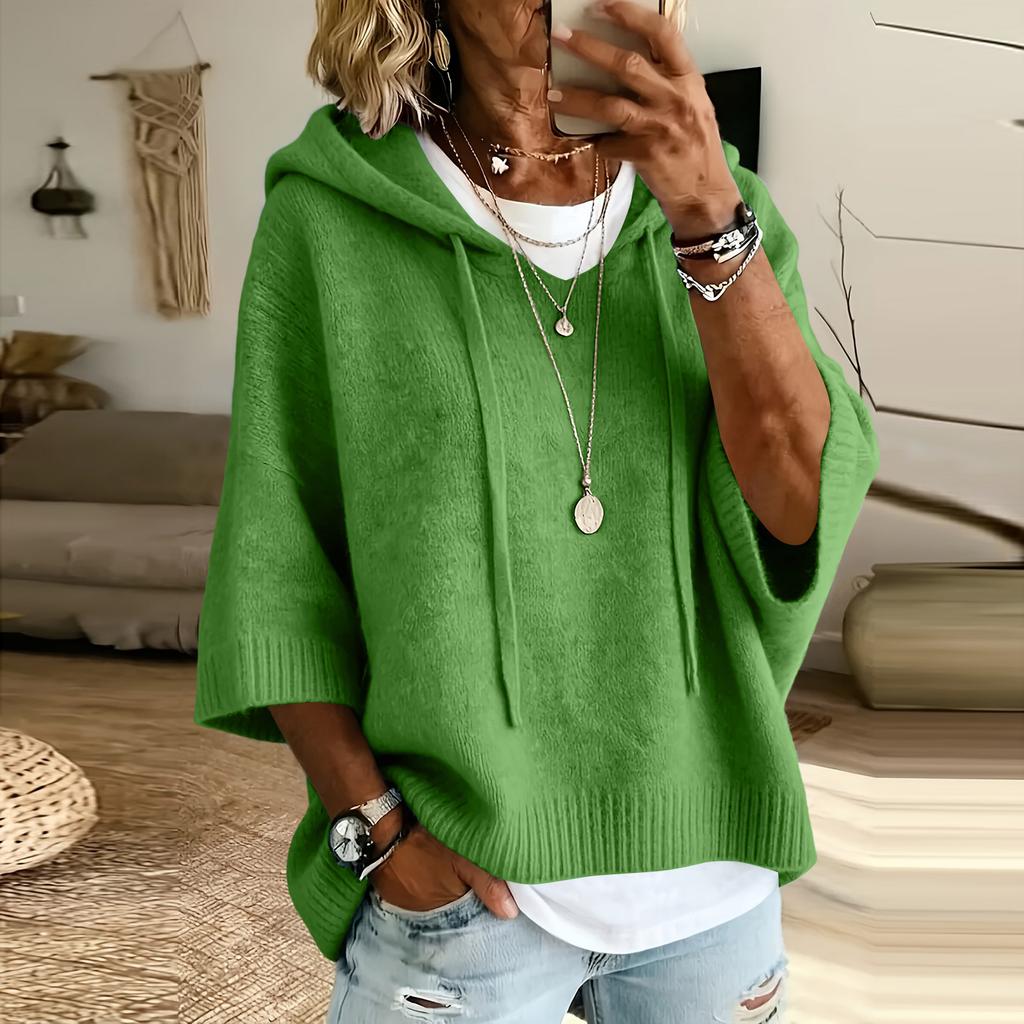 Women's Color Knitted Hooded Sweatshirt with Drawstring New Arrival