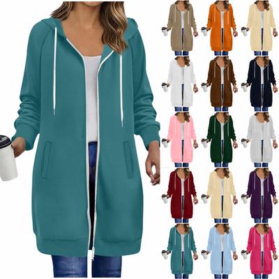 Women's Color Hooded Jacket with Pockets Long Sleeve Loose Fit Casual Long Coat
