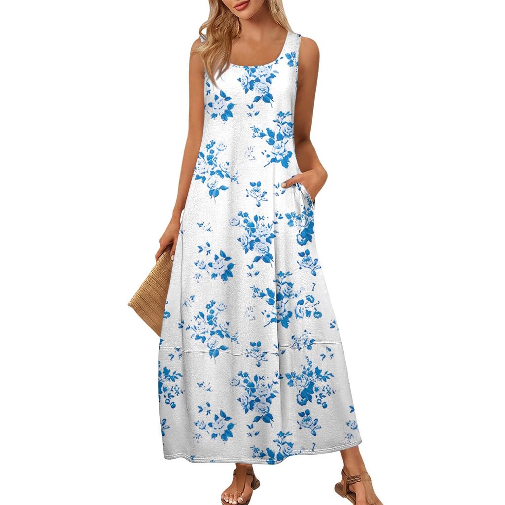 Women's Summer Fashion Round Neck Sleeveless Beach Dress Vintage Floral Printed Dresses
