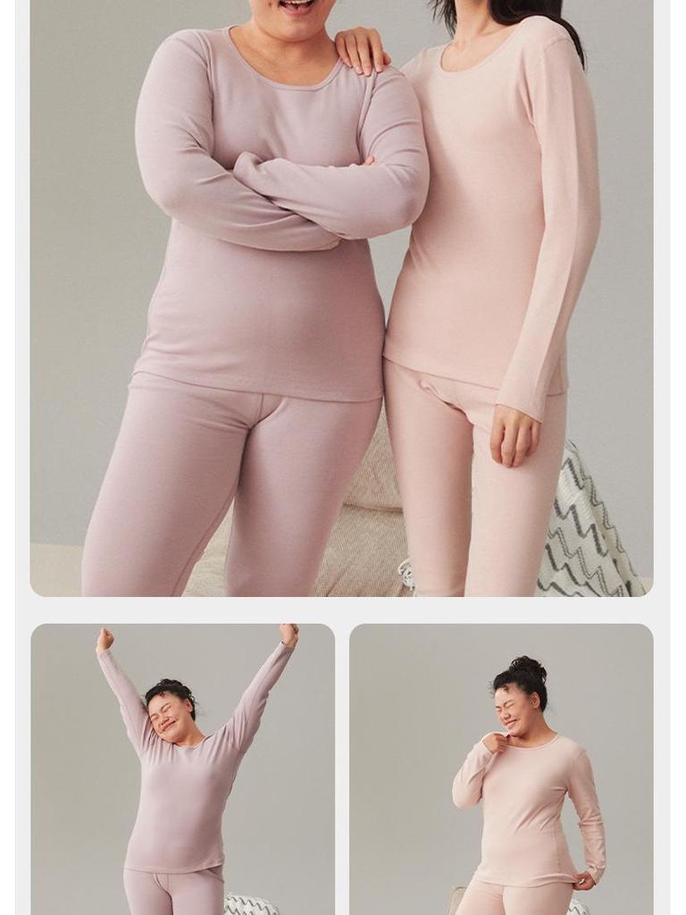 Women's Plus Size Double-Sided Flannel Underwear Set - Pure Cotton, Thick Round Neck Base Layer for Autumn and Winter