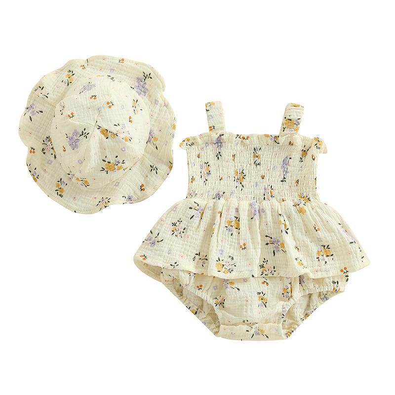 Citgeett Summer Infant Baby Girl Floral Bodysuit Dress Sleeveless Ruffle Sun Hat Outfit Casual Clothes