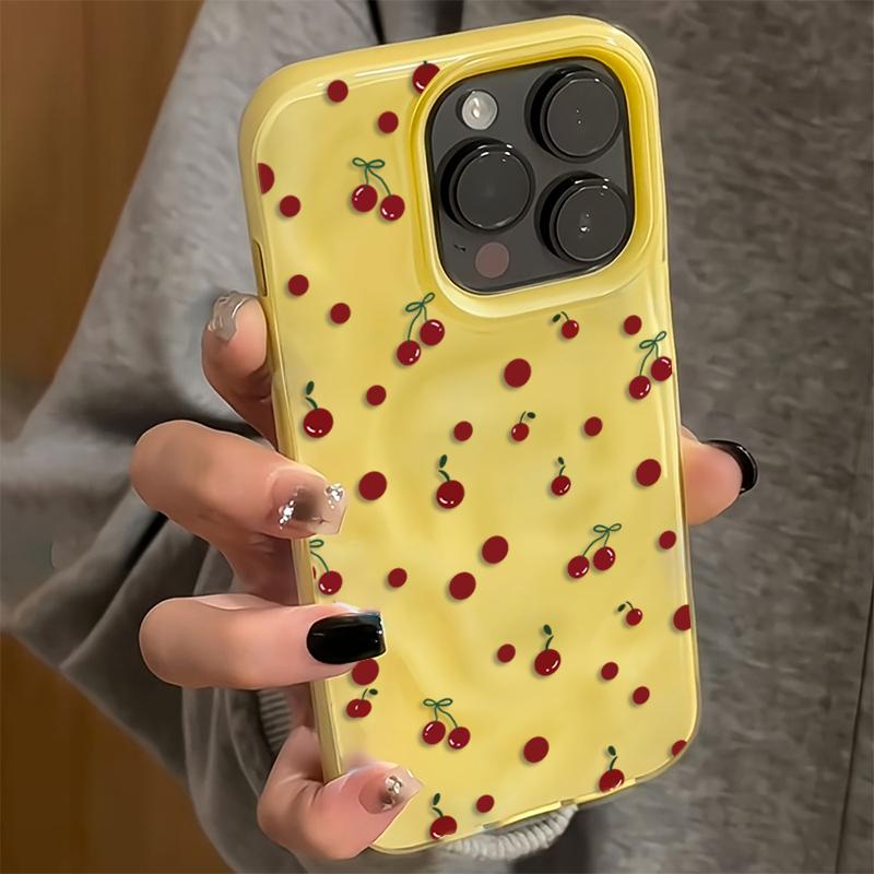 For iPhone 16 17 15 14 13 12 11 Pro Max Case Cartoon Cherry Floral Soft Cover For iPhone 14 15 16 Plus 17Air Folds Texture Funda