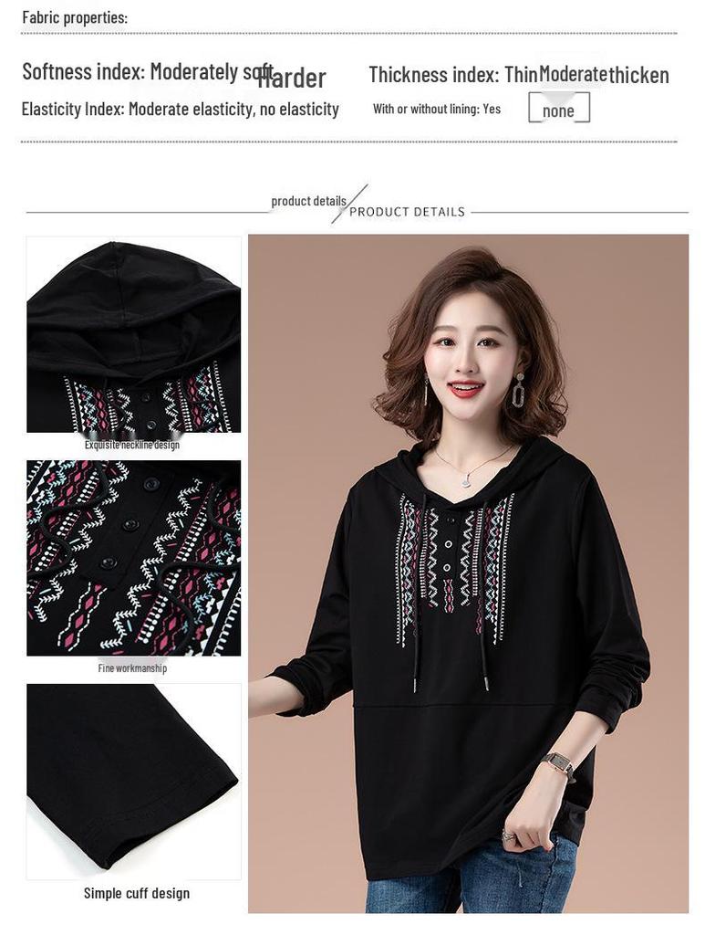 Women's Ethnic Style Cotton Hooded Sweatshirt - 2025 Spring/Autumn, Thin, Plus Size, Casual for Middle-Aged Mothers
