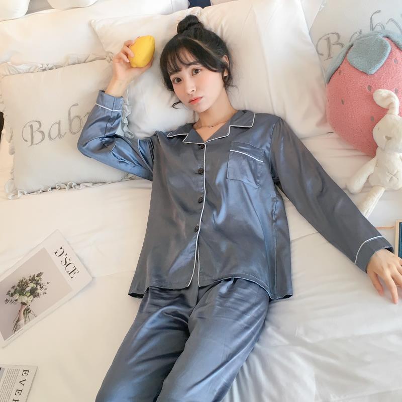 Women's Spring Sweet Ins Ice Silk Pajamas - Long-Sleeved Thin Cardigan Simulation Silk Home Service