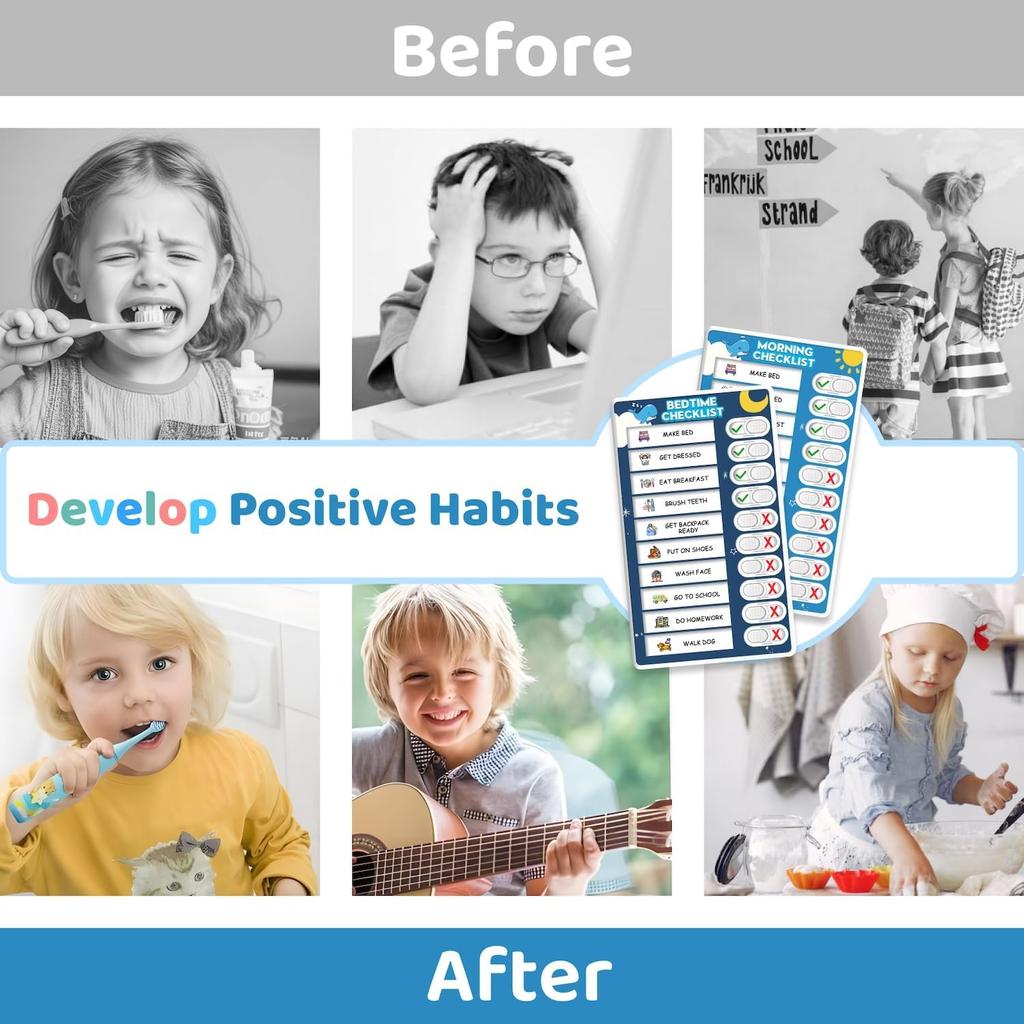 Upgraded Slider Morning/Bedtime Routine Chart for Kids Toddlers - Magnetic Kids Chore Chart for 2 Kids, Dry Erase Chore Chart for Kids, Visual