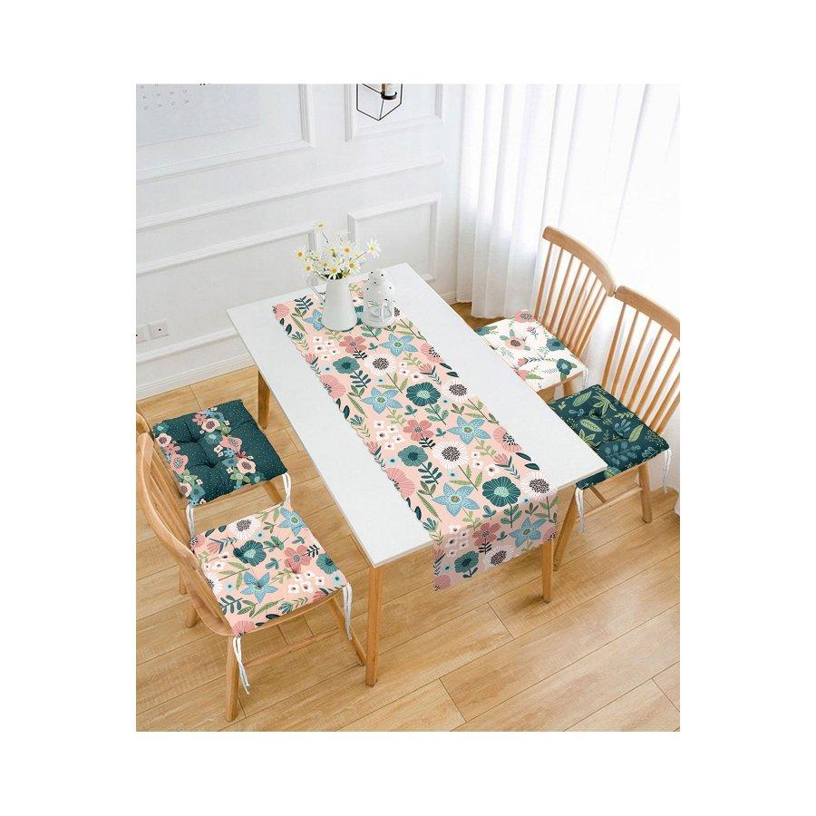 Conjunto de almofadas de cadeira impressas digitalmente com design de padrão de flor / 4 peças de almofadas de cadeira quadradas de 40 × 40 cm e corredor de 1 peça