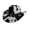 Chapeau de cowboy imprimé vache à sangle rivetée Chapeau de cowboy à large bord poilu Casquette de cowboy pelucheuse Chapeau western en peluche Saison Automne Hiver