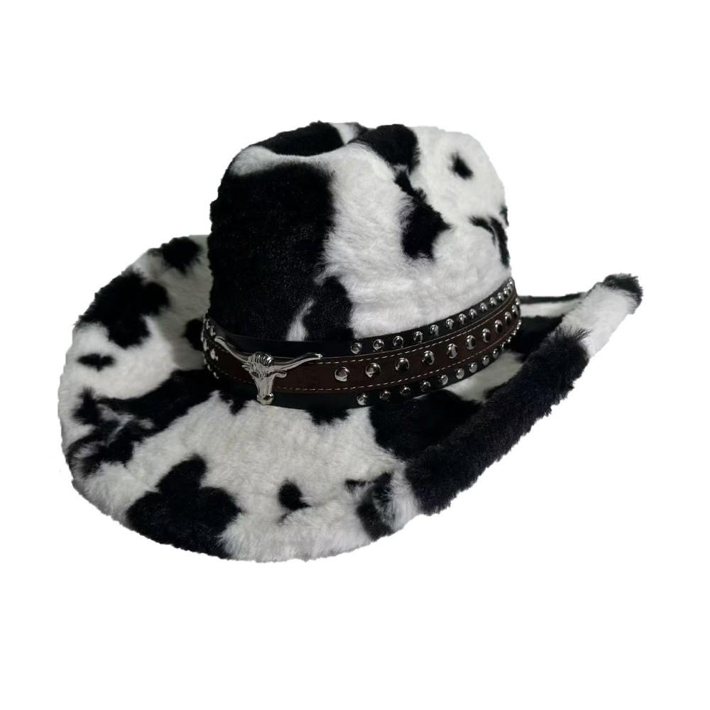 Chapeau de cowboy imprimé vache à sangle rivetée Chapeau de cowboy à large bord poilu Casquette de cowboy pelucheuse Chapeau western en peluche Saison Automne Hiver