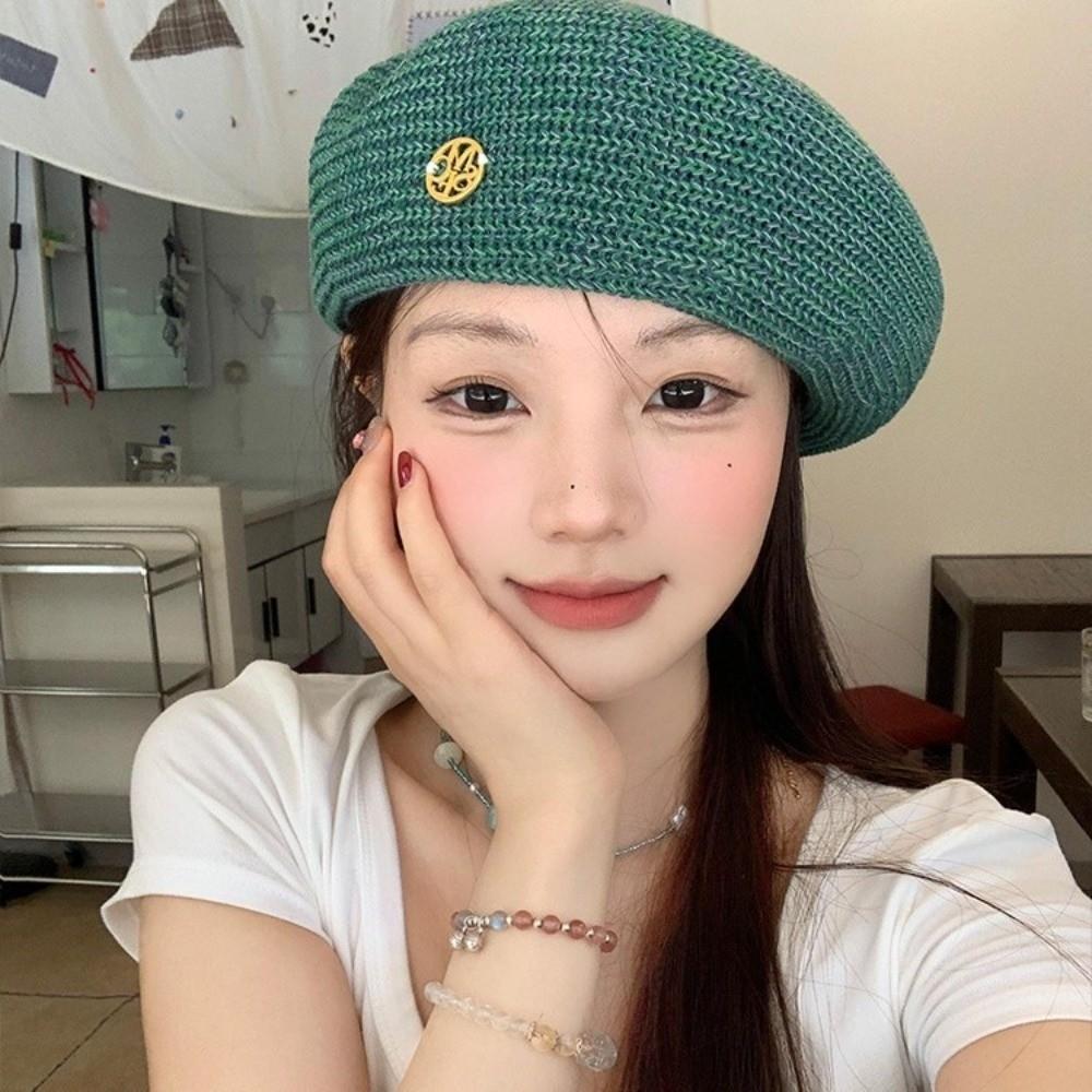 Korean Painter Berets Y2k Beanie Cap Fashion Hollow Knitted Beret Girls