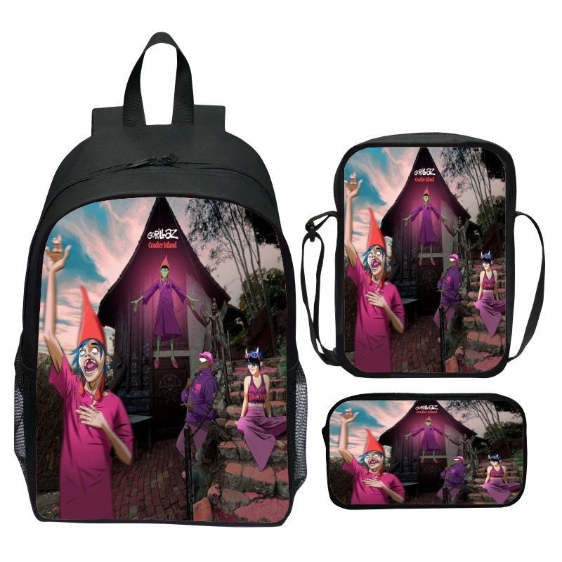 Gorillaz UK Virtual Band Printed Cartoon Backpack 3-Piece Set School Bag Lightweight Large Capacity