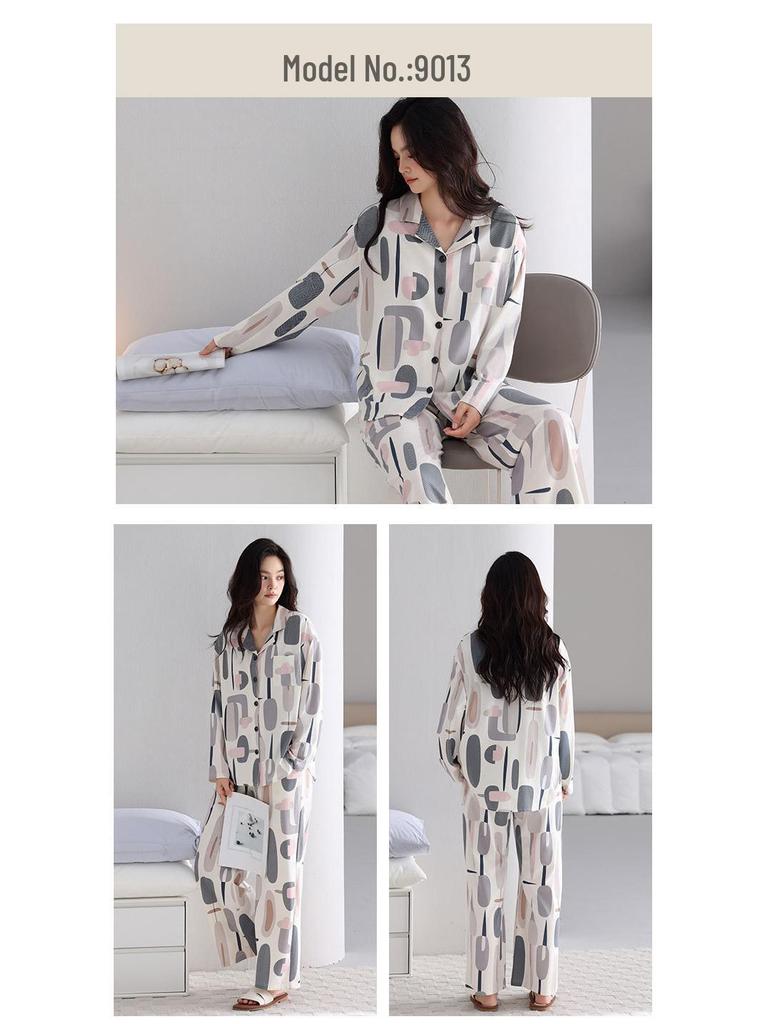 Women's Rayon Cotton Long Sleeve Pajama Set - Lapel, Casual Autumn Style for Home or Outside Wear