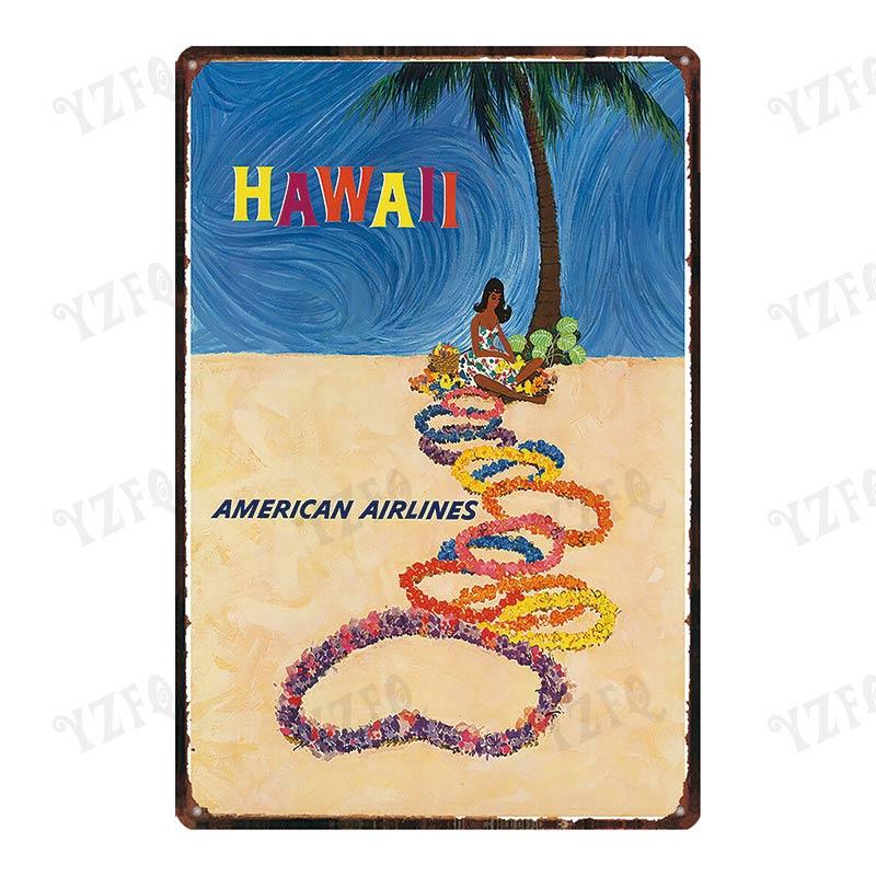 Vintage Hawaii City Painting with Hula Dancers  Metal Travel Tin Sign for Wall Decor In Pubs Cafes and Homes  Beach Metal Pla