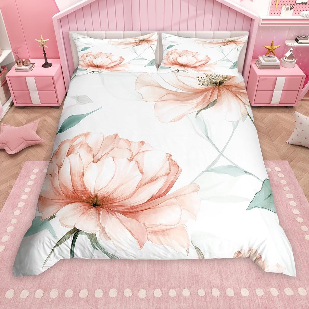 Homewish Watercolor Lotus Flower Duvet Cover Set for Girls, Oil Painting Floral Bedding Set, Botanical Blossom Comforter Cover