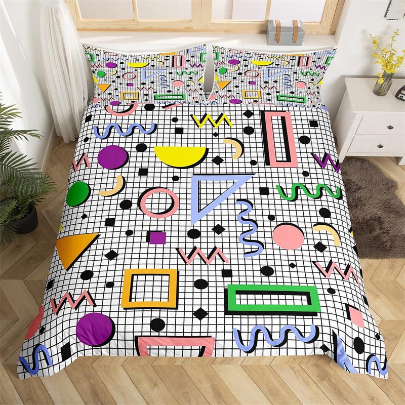Retro 80s Style Bedding Set Twin King Size Abstract Geometric Pattern Duvet Cover Set Microfiber Circle And Triangle Quilt Cover