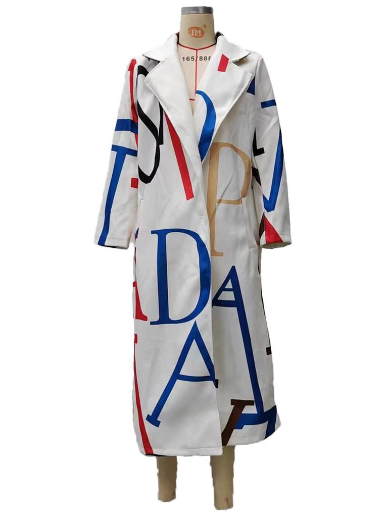 Europäischer und amerikanischer Damen-Wollmantel mit Druck in Übergröße mit Reverskragen und langen Ärmeln für den Herbst.