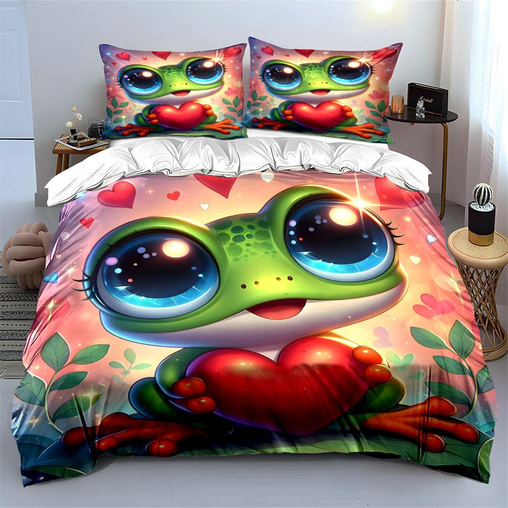 Cute Frog with Heart Design Bedding Duvet Cover Set (1*Duvet Cover 2*Pillowcases, without duvet insert)