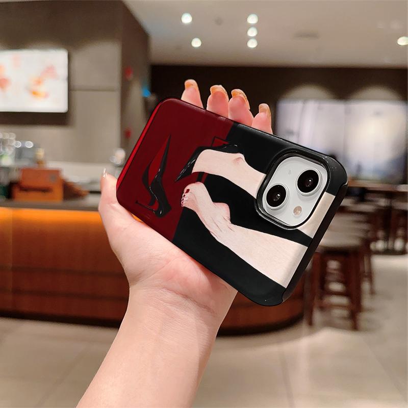 Elegant Minimal Black Red High Heels Stiletto Bare Foot Red Nail Art Film Aesthetic Protective Shockproof Bumper Case For iPhone 14 15 16 Pro Max Plus