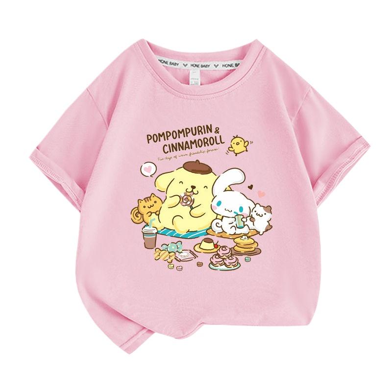 Sanrio Summer Girls' and Boys' Pudding Dog Printed T-Shirt Cartoon Short Sleeve Top