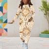 Women Plus Size Beige Brown Printed Round Neck Long Sleeve Top Fitted Pants Two Piece Set