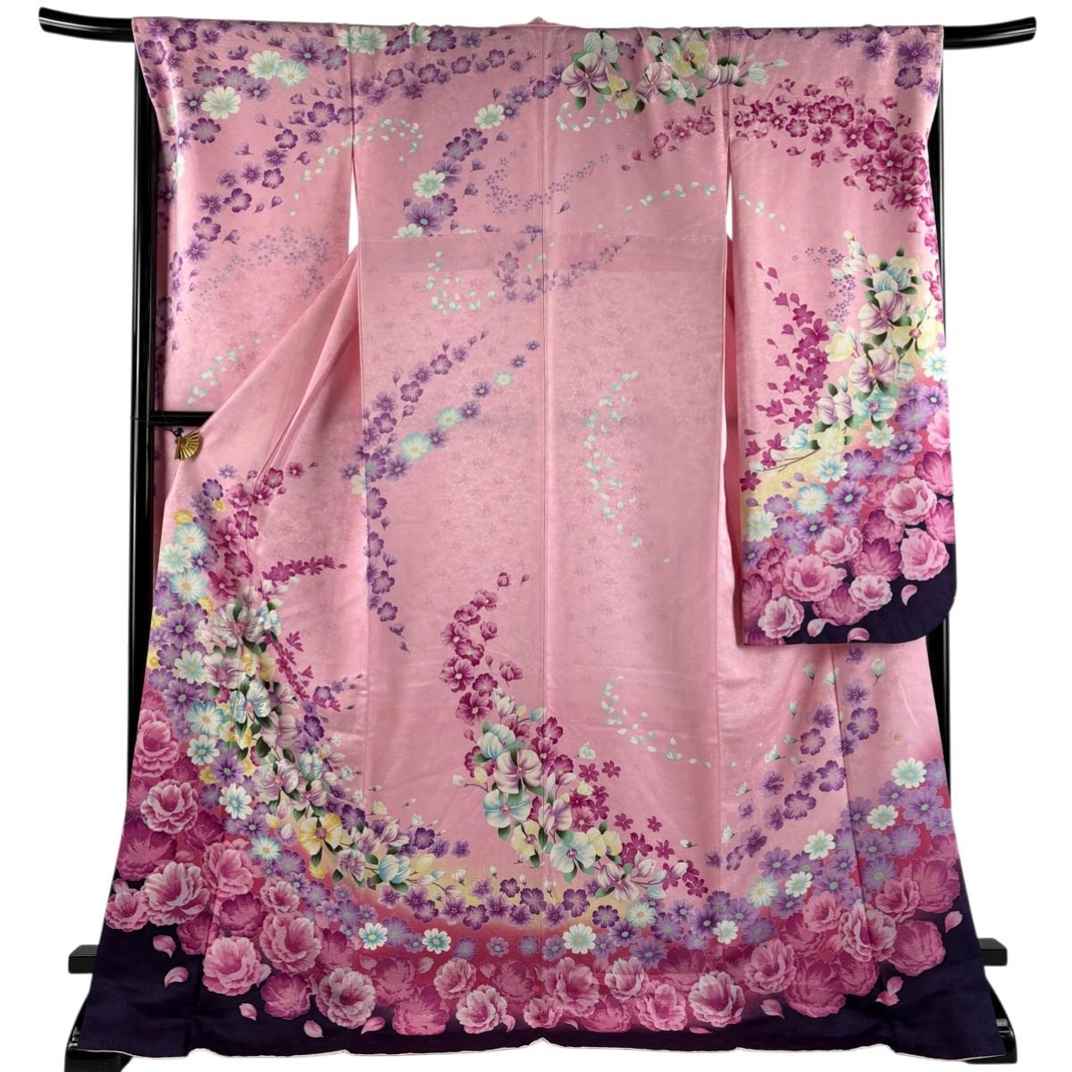 

[Good Condition] Furisode, Length 173cm, Sleeve Length 68.5cm L, Sleeve, Signed, Flowers, Embroidery, Different Dyes, Pink, Pure Silk, Masterpiece