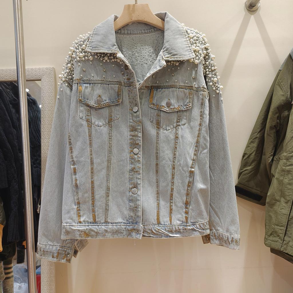 European Station Spring and Autumn New Heavy Industry Nail Bead Design Sense Loose Versatile Women's Denim Jacket Trendy Brand