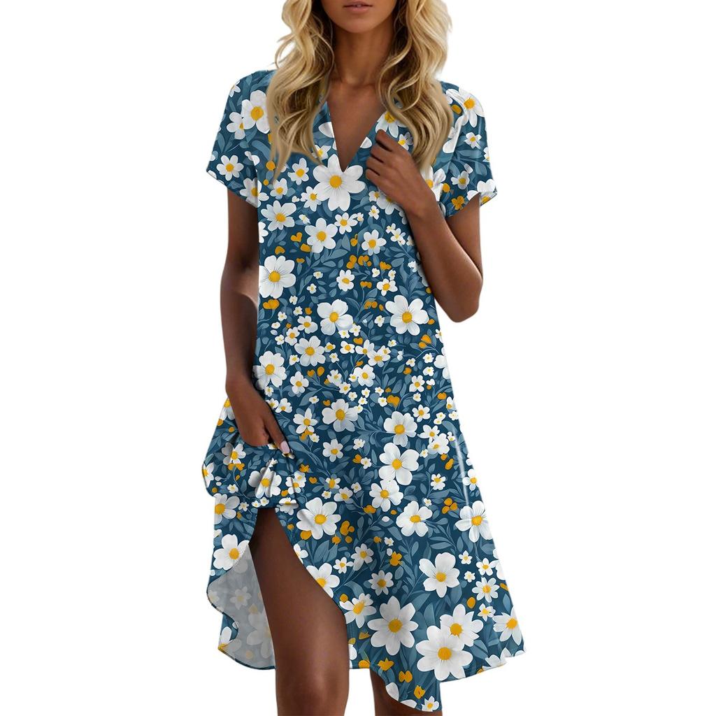 Women's Casual Fashion Lapel Floral Print Dress Short Sleeve V Neck Short Skirt
