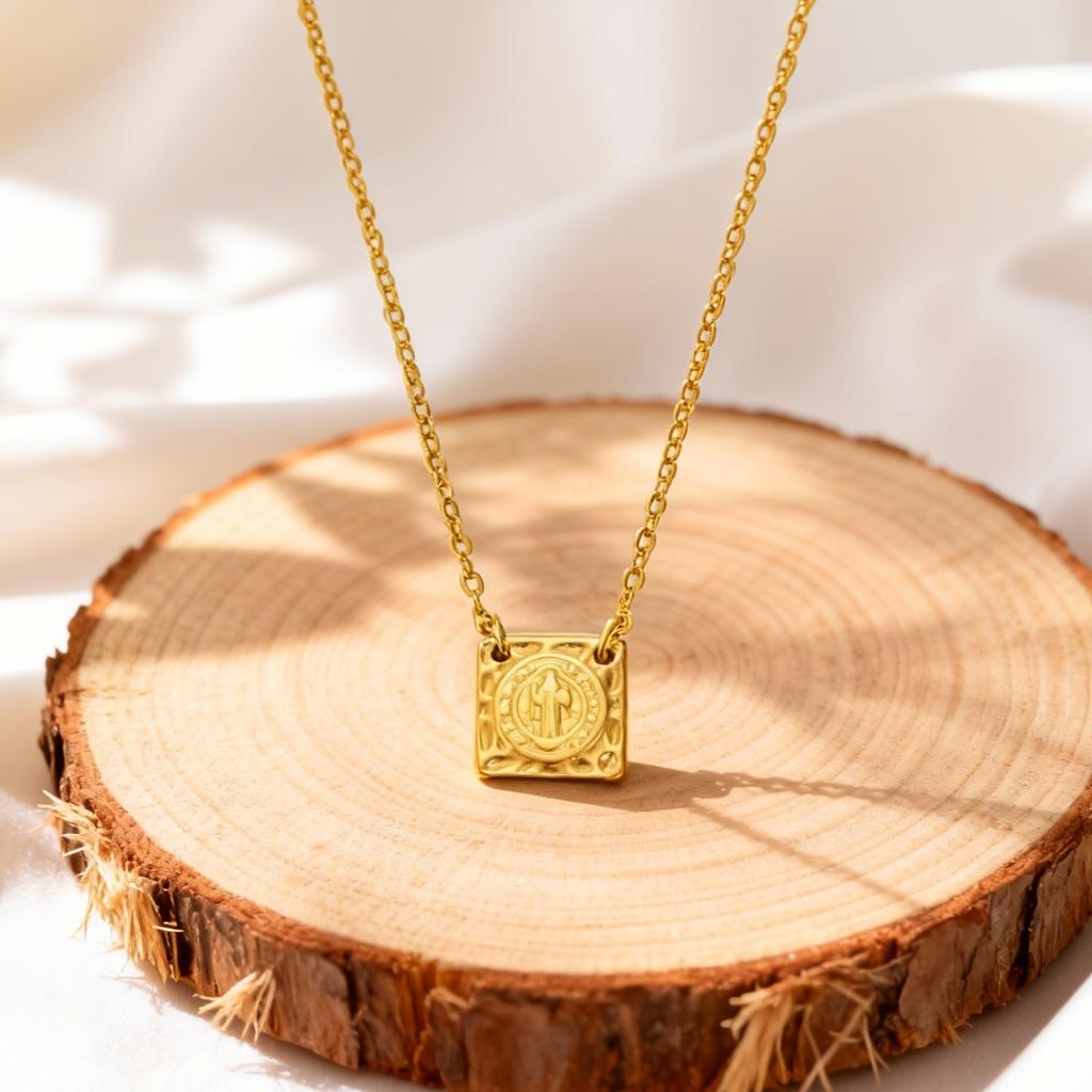 Stainless Steel Saint Benedict Necklace Square Pendant Women's Gold Plated Geometric Necklaces,Holy Jewelry Gift
