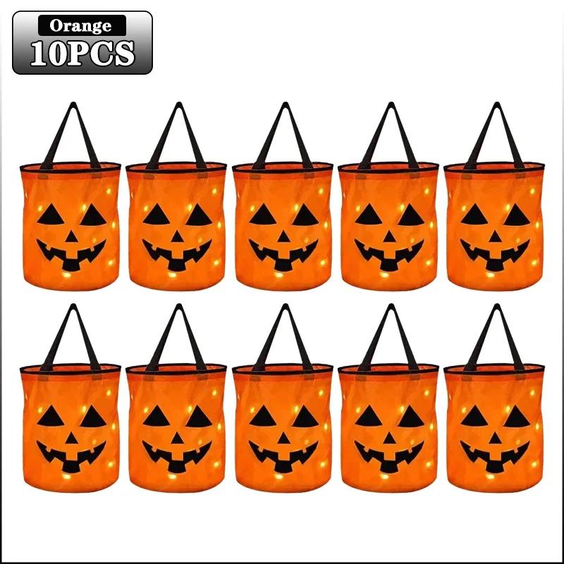 1-20PC LEDLight Up Halloween Pumpkin Candy Tote Bag Basket for Kids Trick or Treat Party Bucket for Holiday Event Decoration Use