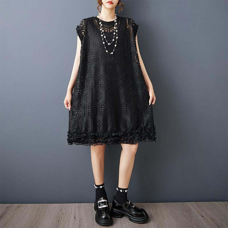 Short Sleeve Plus Size Black Lace Vintage New In Dresses for Women Casual Loose Midi Summer Dress