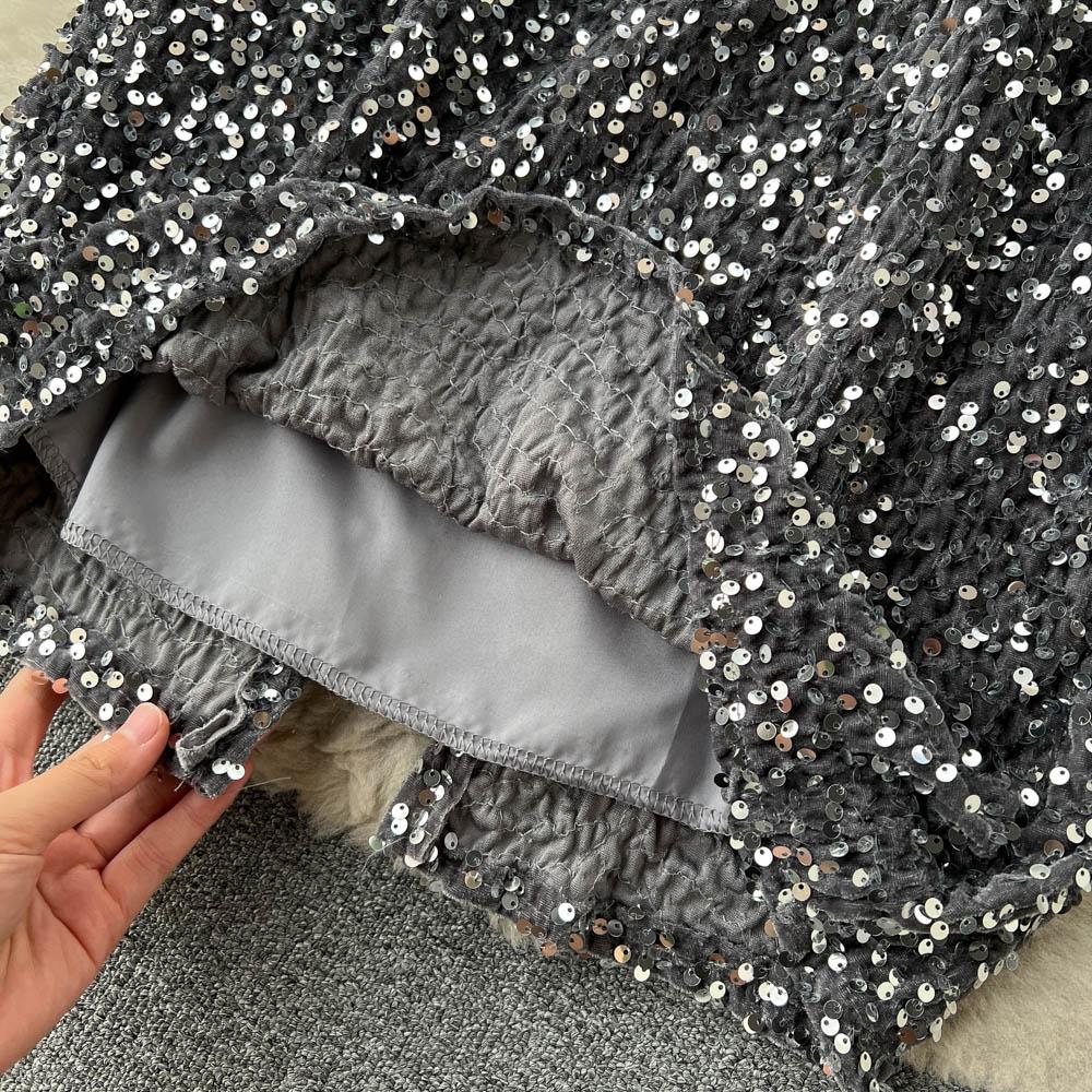 Špičkový Niche Design Flitry Sukně s vysokým pasem Dámské Podzimní Francouzské Retro Mididélka Obepínající boky Šaty