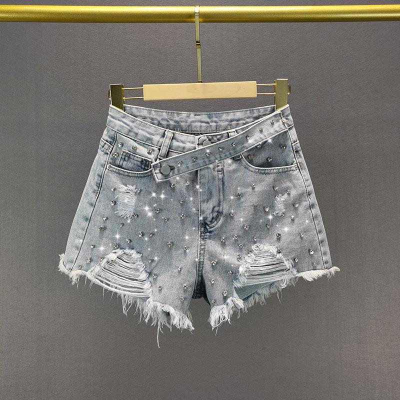 Ripped Wide-Leg Denim Shorts Women s Summer High Waist Exquisite Rhinestone Hot Pants Ladies Streetwear Jean Shorts S синий