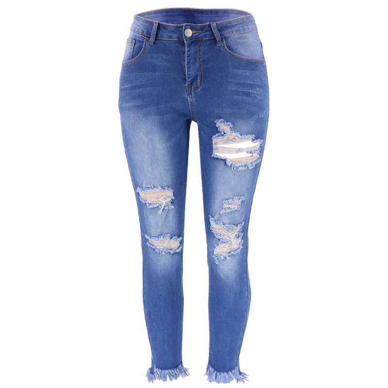 2024 Women's Cropped Jeans with Fashionable Holes and Irregular Pants