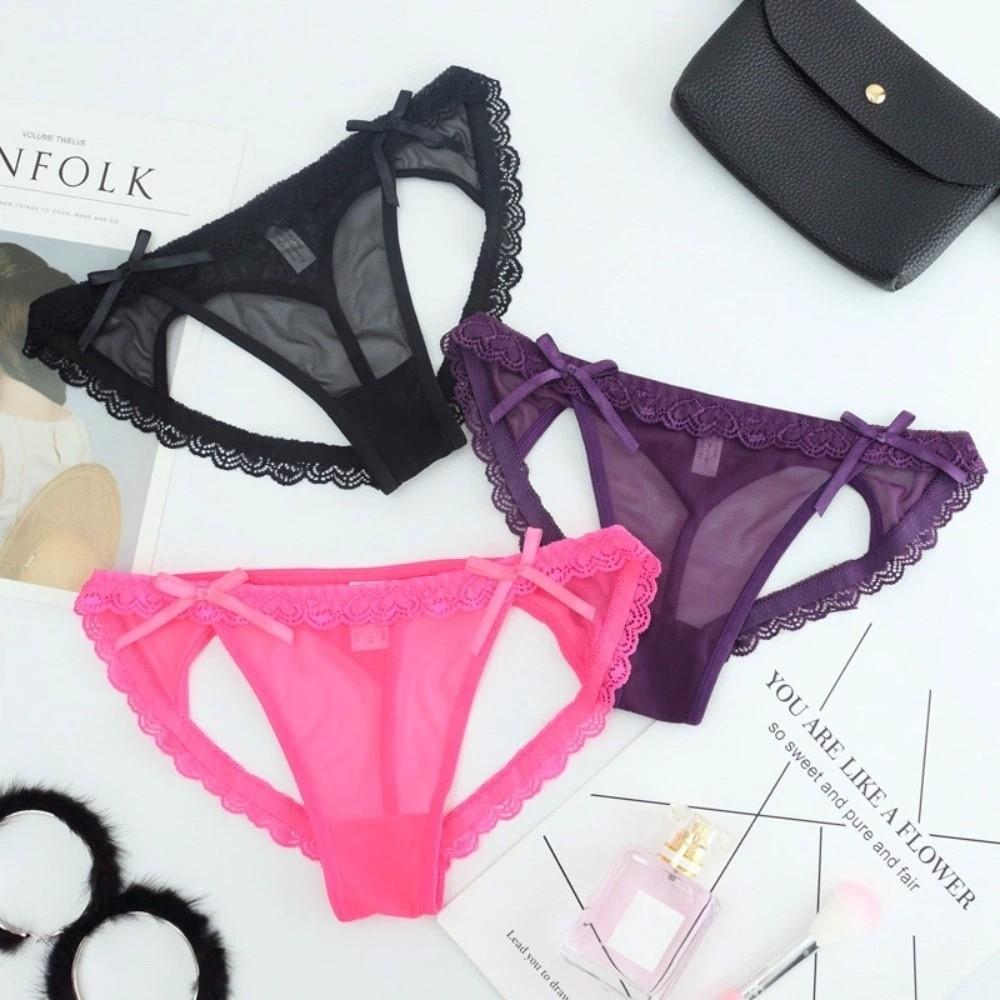 Low Waist Sheer Lace Mesh Thong Transparent Romantic T Panties Mesh Bow Briefs Women Home