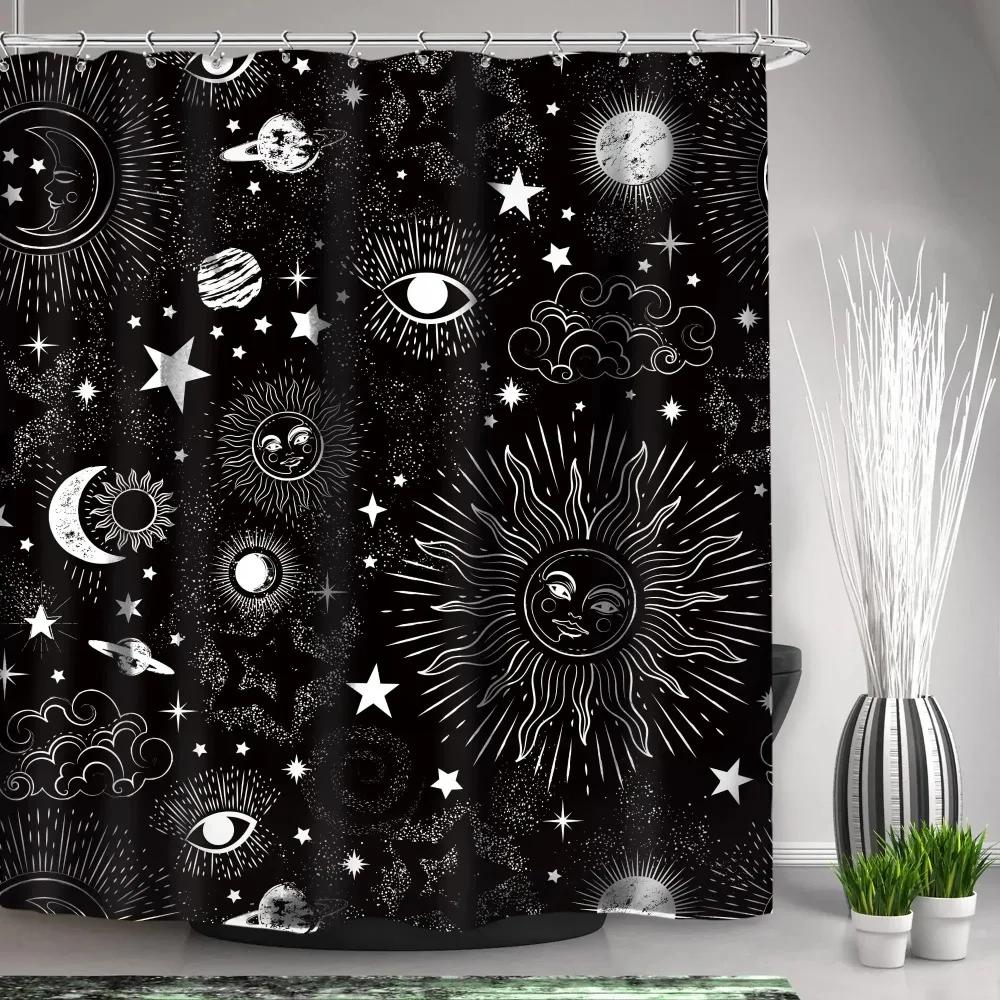 Shower Curtain Moon Star Black and White Waterproof Polyester Fabric Bathroom Curtains Home Decor Hooks