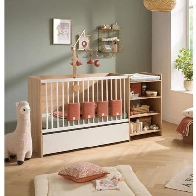 Kombi-Babybett - 120x60cm - Umbaubar auf 90x190cm - Babyprice Up - Holzdekor - Mit Wickelkommode und Regal