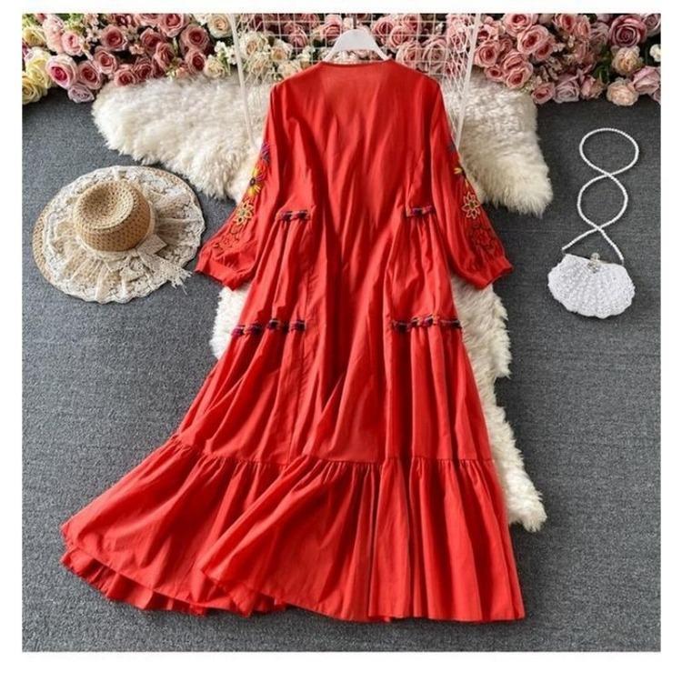 Vintage Printed Loose Dress for Woman V Neck Oversized Long Sleeve Casual Lace Dresses Long