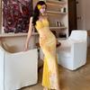 Sexy Premium Yellow Bell Vacation Print Elastic Slim Skinny Splicing Fishtail Suspender Dress