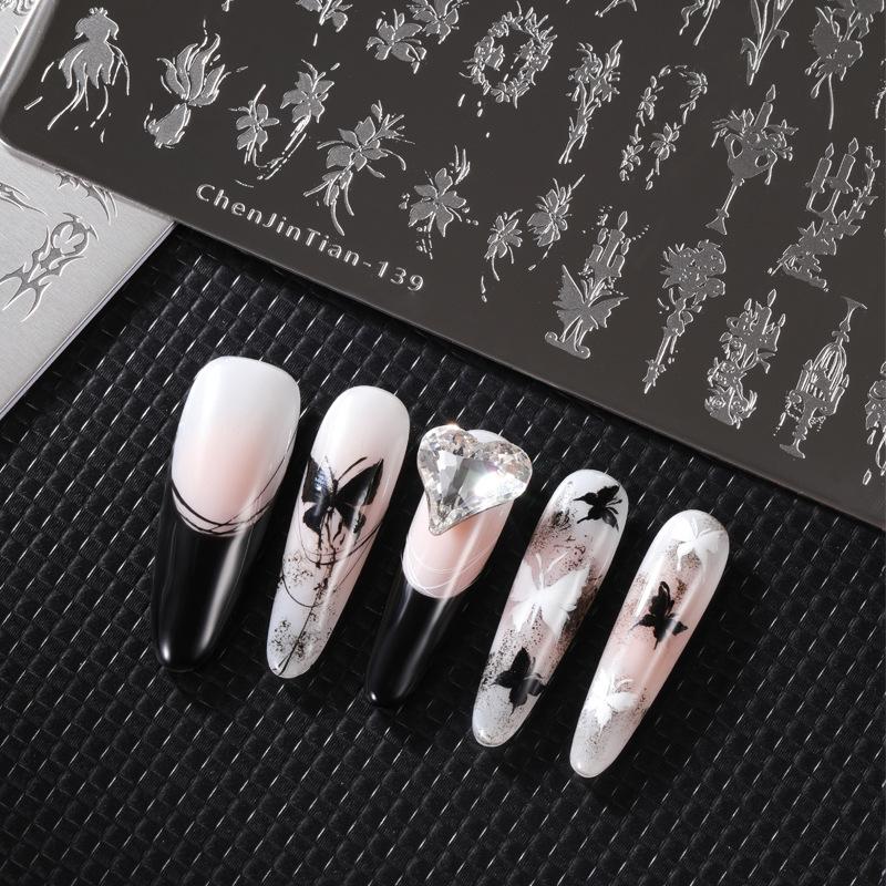 Lace Butterfly Flower Bamboo Pattern Nail Printing Mold Silicone Transfer Seal Steel Plate Nail Salon Special Tool