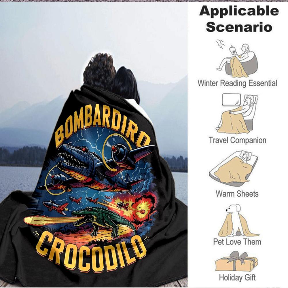 1Pc Bombardier Crocodile Adventure Flannel Blanket, Soft And Comfortable, Casual Warm, Camping Travel, Christmas, Halloween Xmas Gift L1432