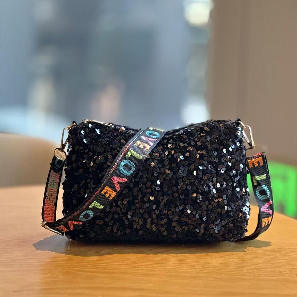 Yogodlns Luxury Women Sequins Wide Strap Shoulder Bag Fashion Shine Casual Crossbody  Bag Female Hip Hop Belt Bags Trend