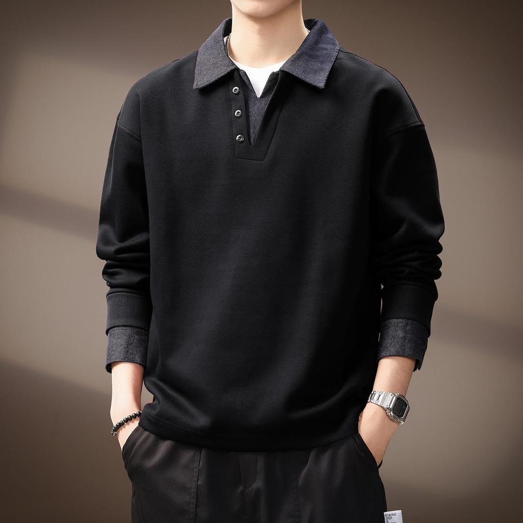 Men's Retro Fleece-Lined Color Block Denim Polo Hoodie