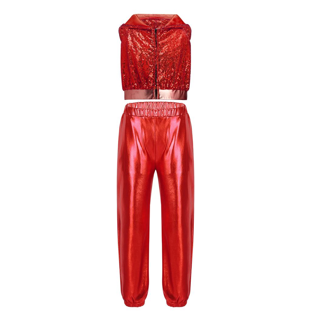 Mädchen Glitzernde Pailletten Reißverschluss Vorne Crop Top Elastische Taille Hose Hip Hop Jazz Tanz Set